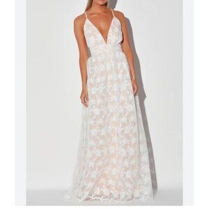 Lulu's Ivywood White Beige Embroidered Lace Backless Maxi Dress Size Small